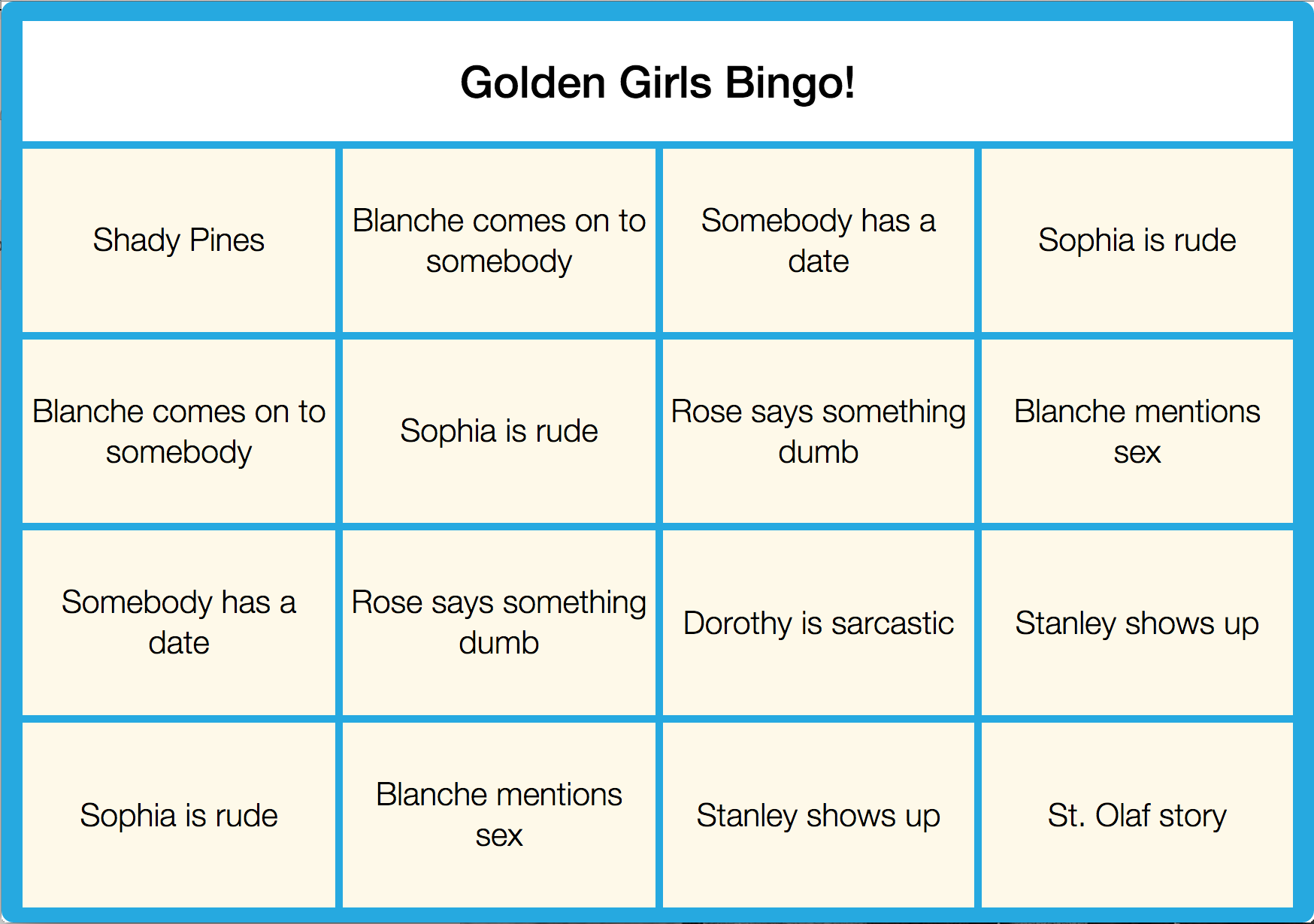 golden girls bingo