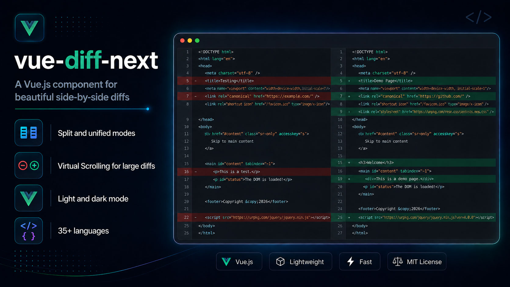 vue-diff-next screenshot, split mode