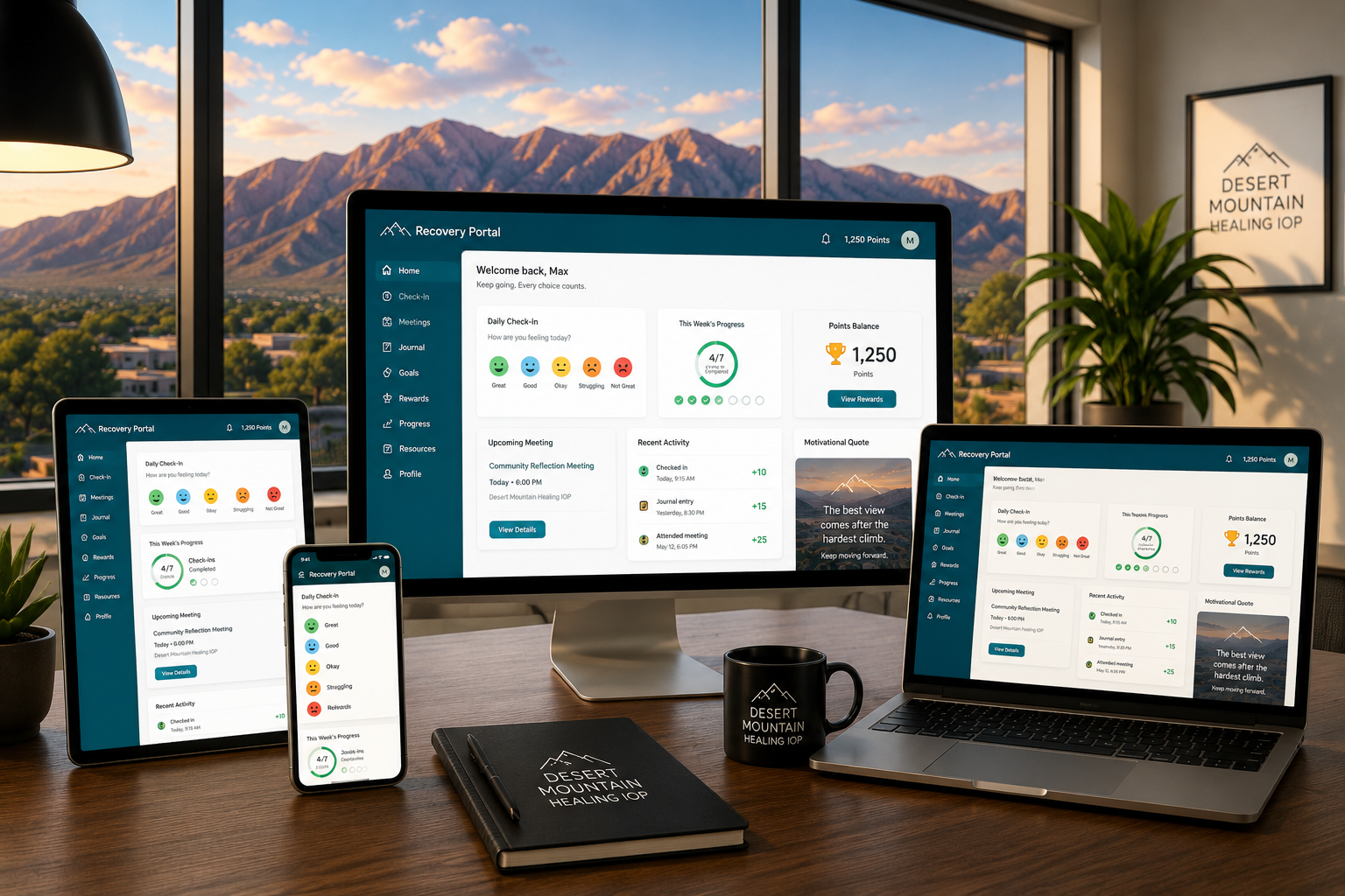 Desert Mountain Healing Recovery Portal displayed across desktop, laptop, tablet, and mobile devices