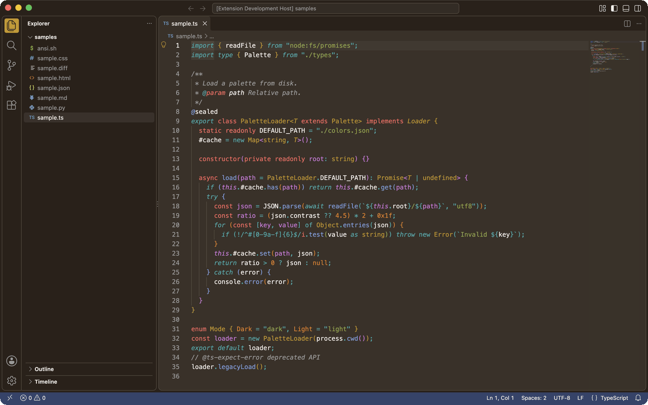 Bauhaus Dark and Bauhaus Light on TypeScript, Python, CSS and Markdown