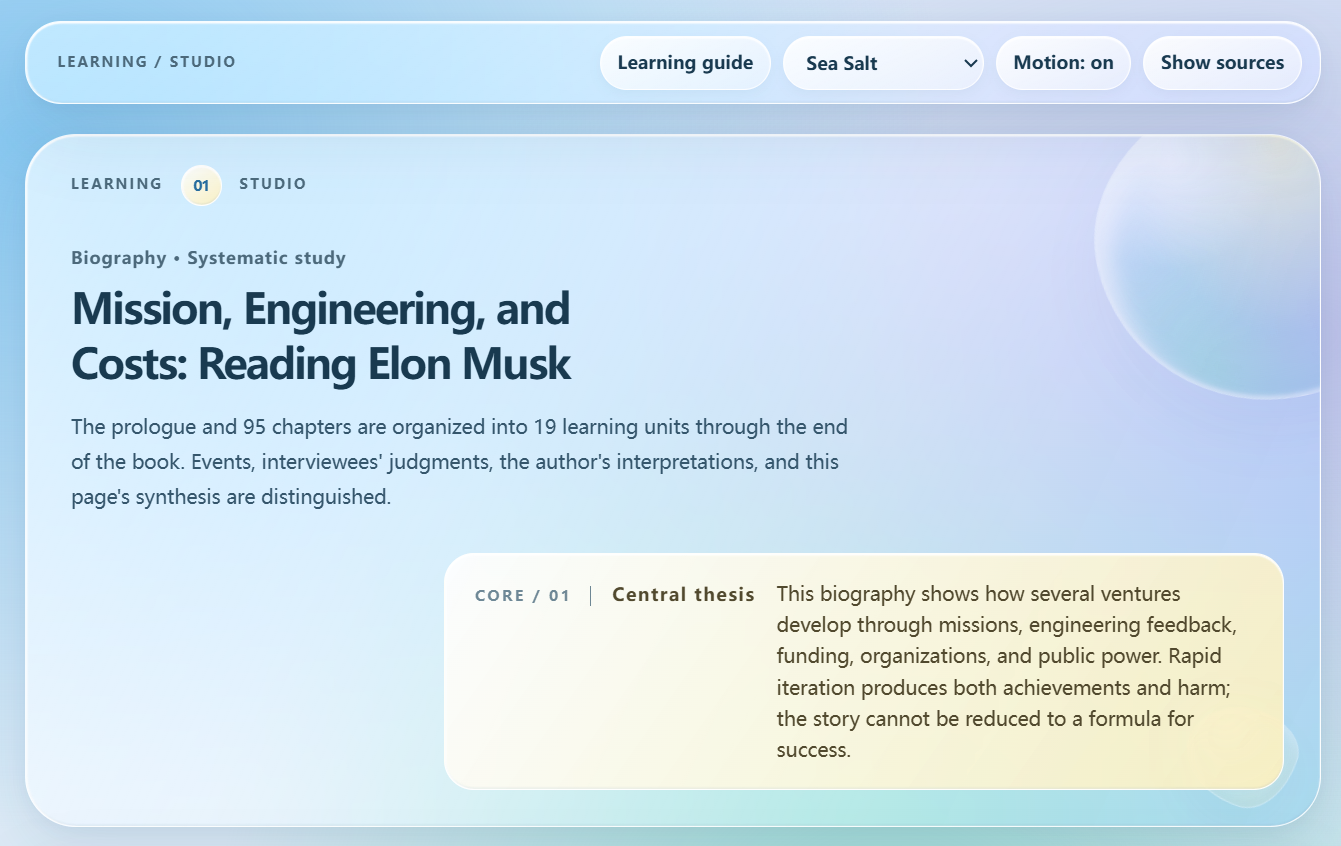 Elon Musk biography learning-page cover with a central thesis