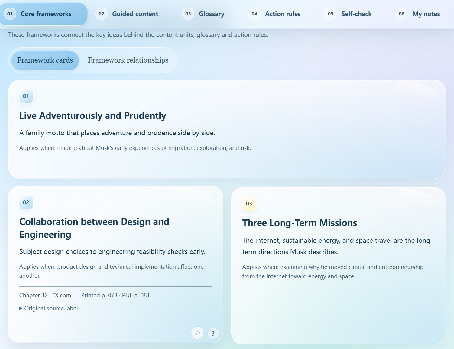 Elon Musk biography core-framework cards with stable numbers and brief explanations