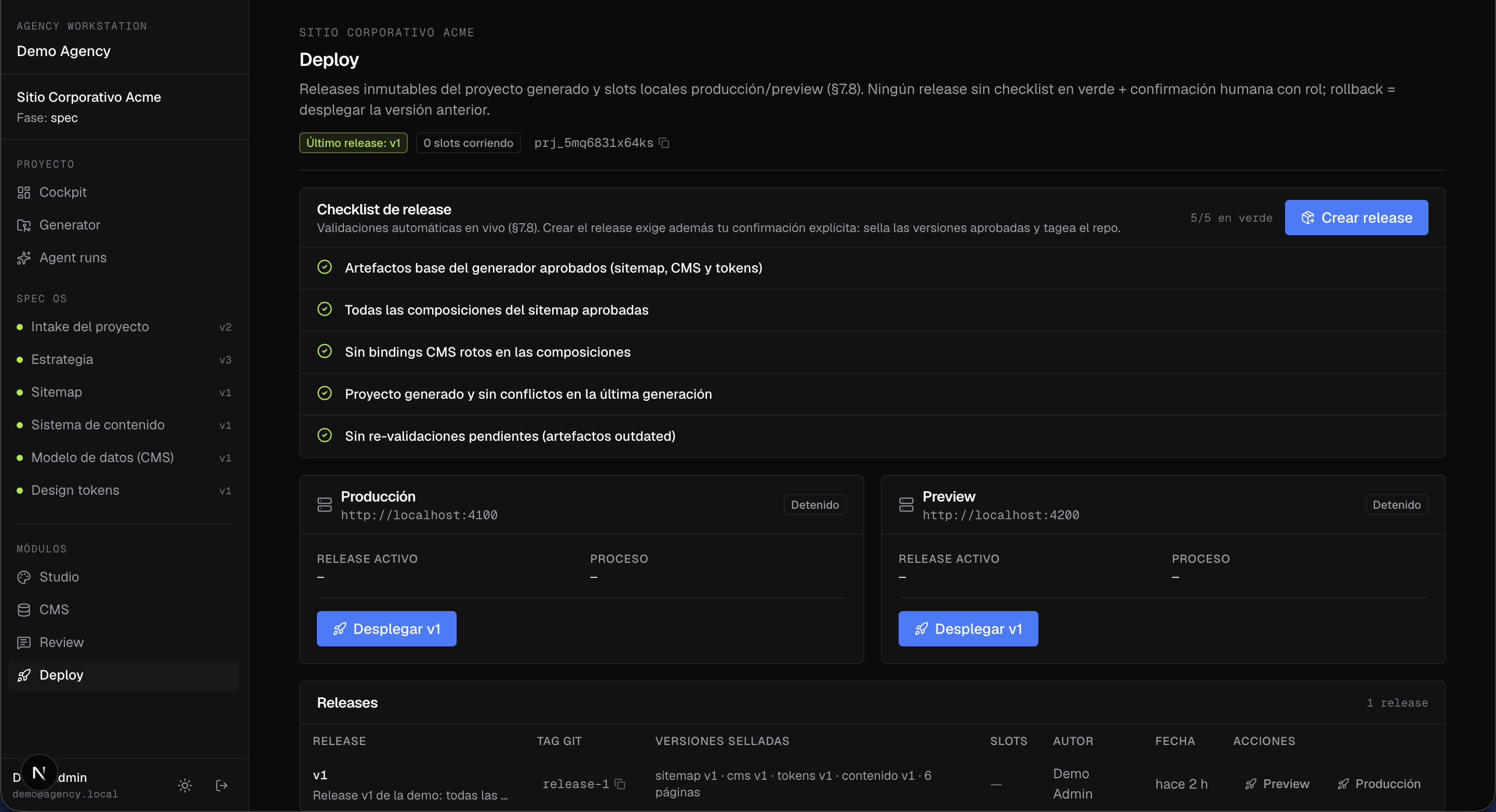 Vista de release, checklist y deploy por slots
