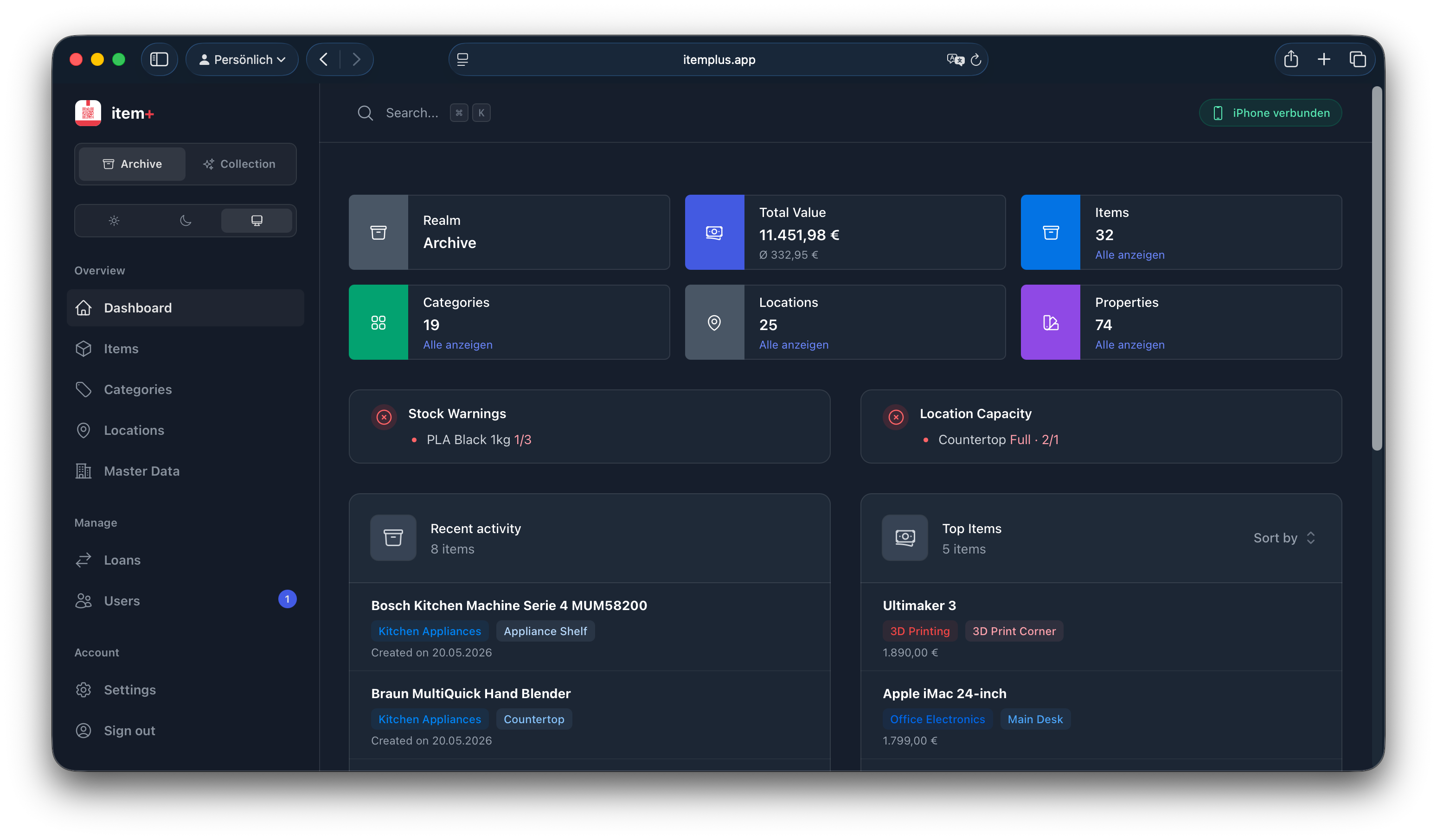 item+ dashboard screenshot