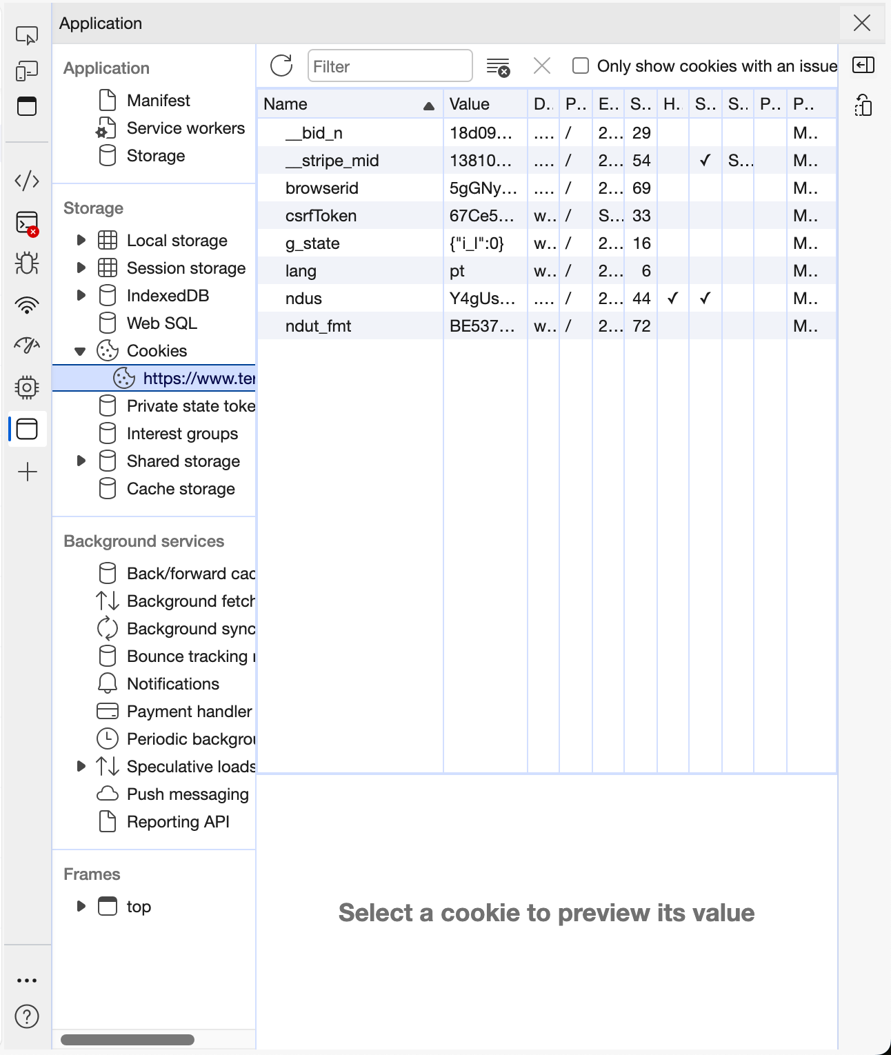 Developer tools F12 Cookies tab