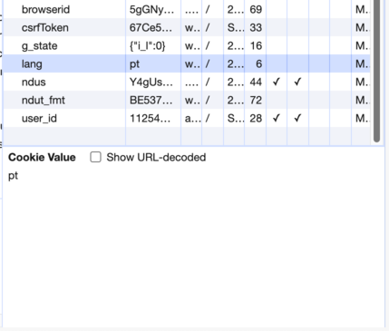 Developer tools F12 Cookies values