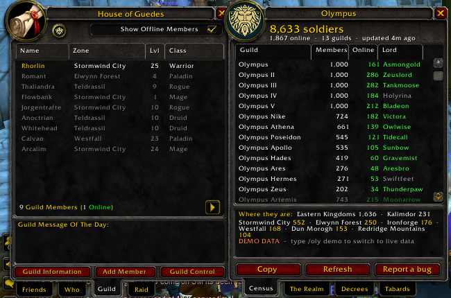 The Olympus window next to the Guild window (demo data)