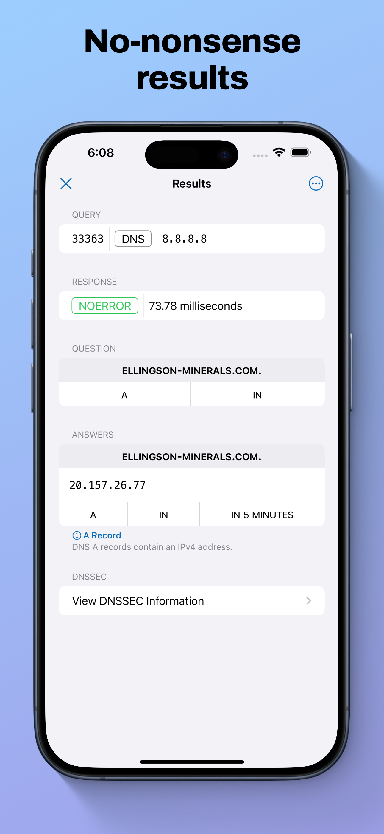 Screenshot of DNS Inspector showing the results of a lookup for apple.com