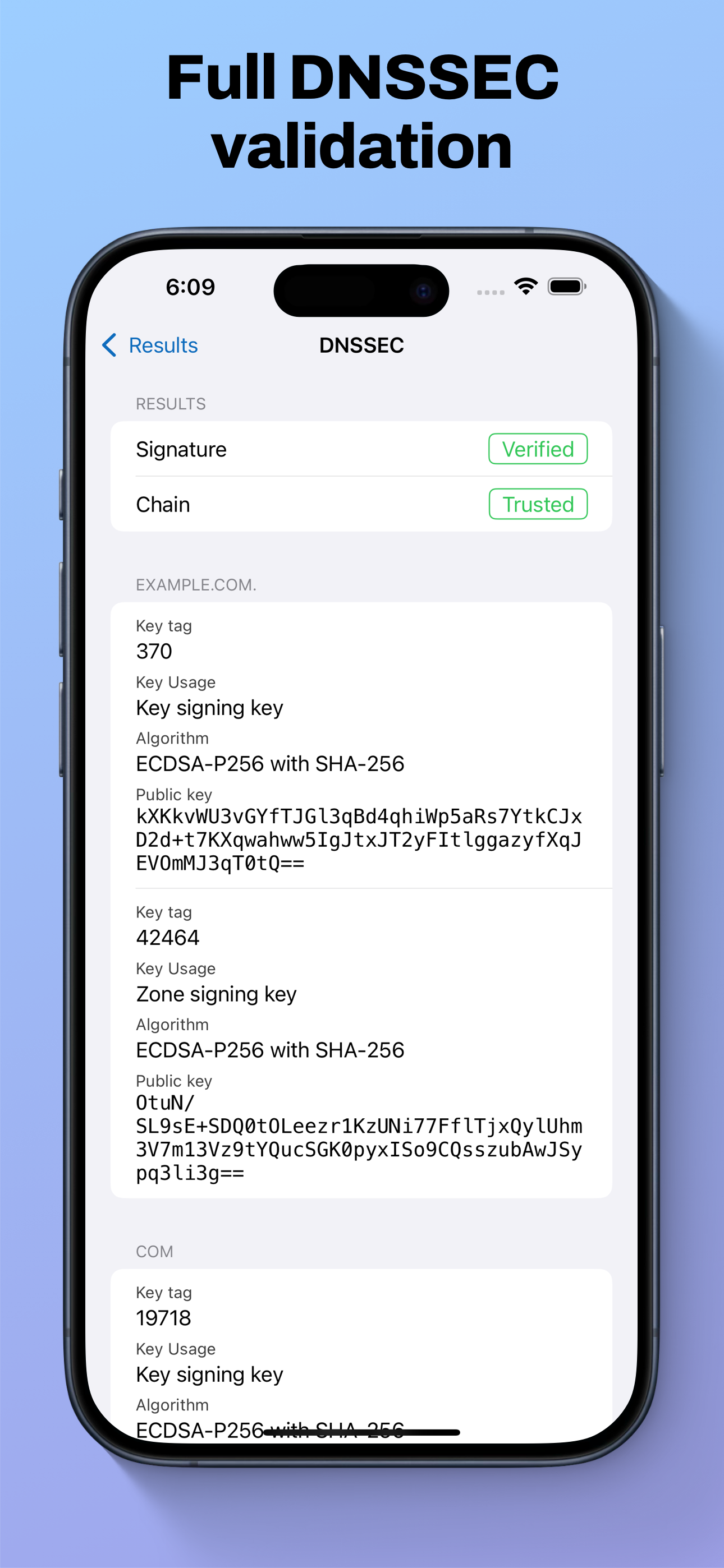 Screenshot of DNS Inspector showing details of DNSSEC validation