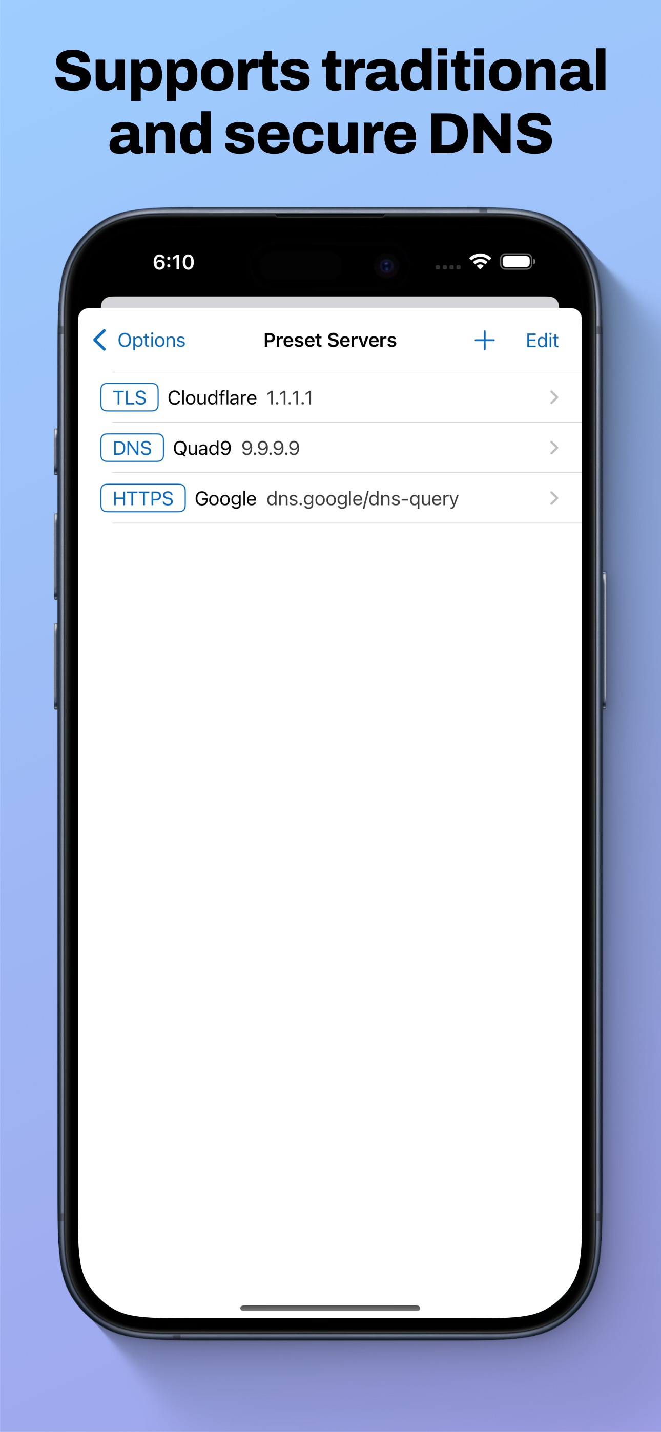 Screenshot of DNS Inspector showing a list of DNS servers