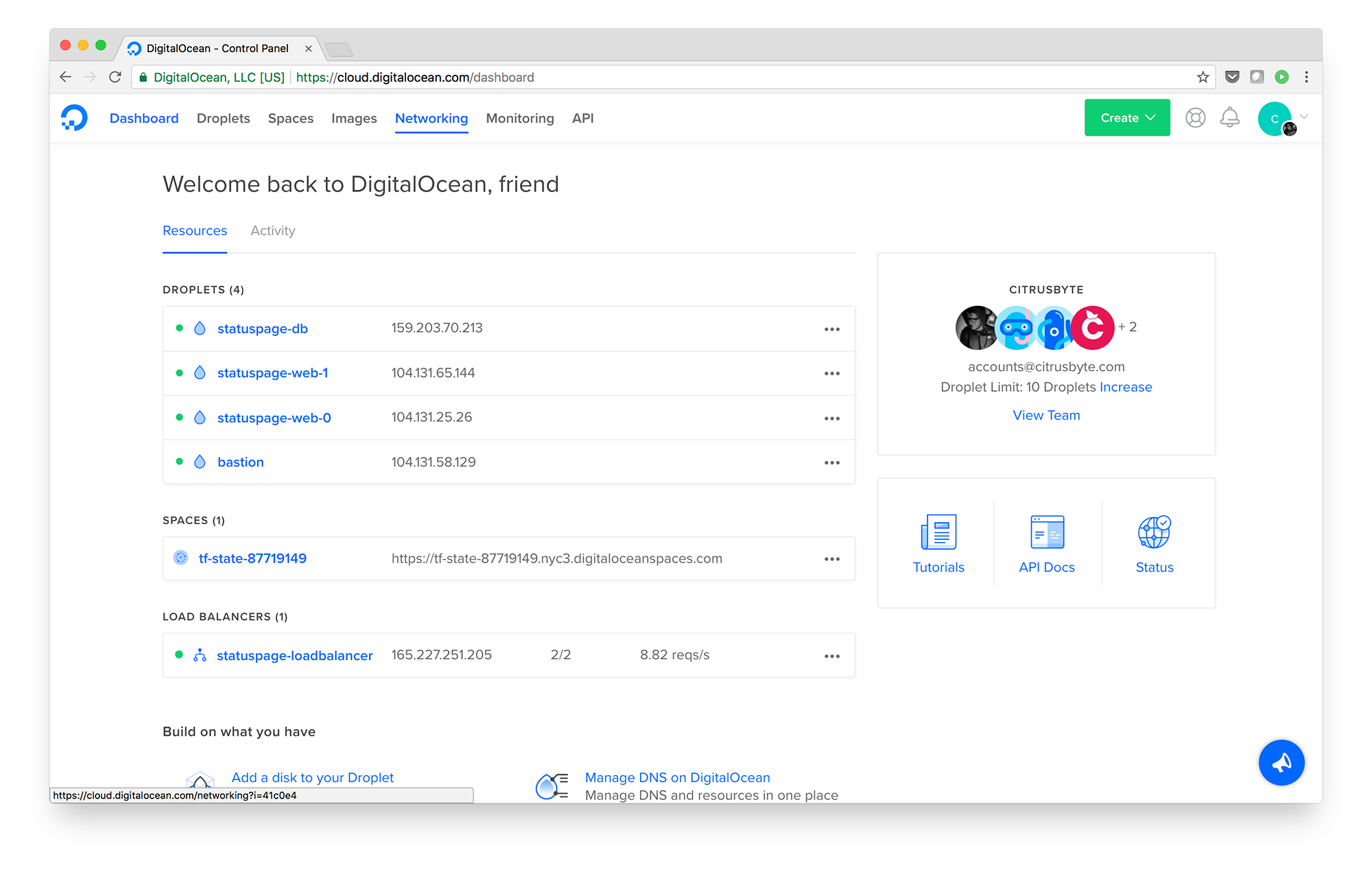 DigitalOcean Control Panel Dashboard Tab