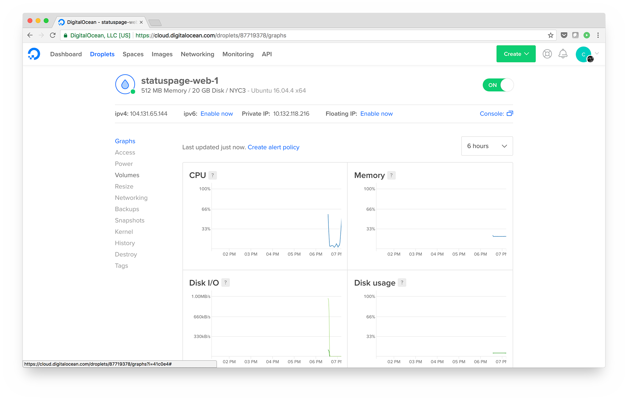 DigitalOcean Control Panel Droplet