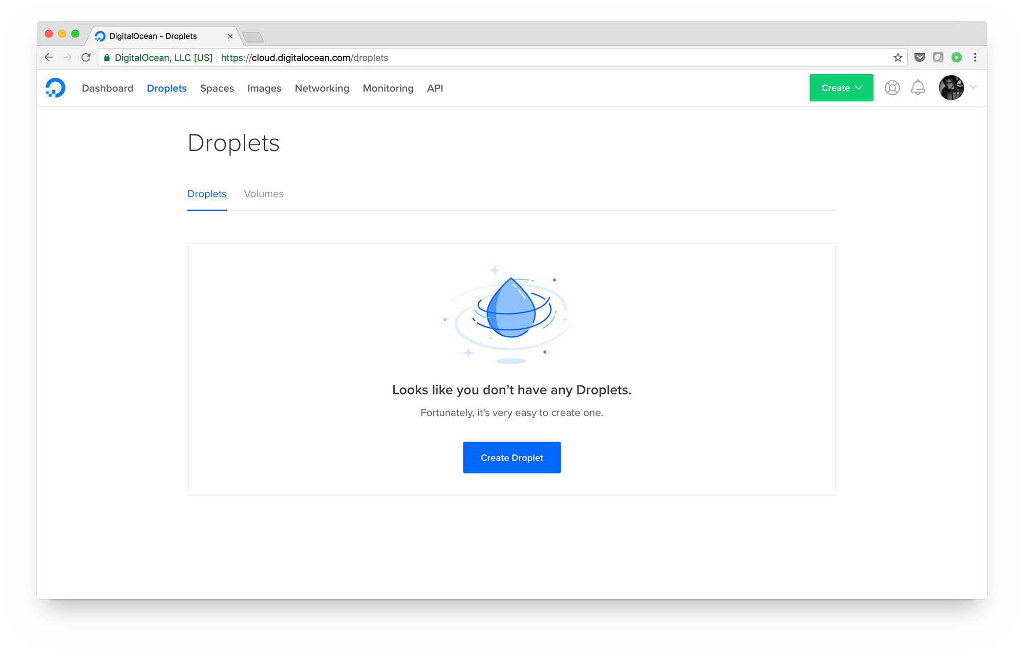 DigitalOcean Control Panel Droplets Tab