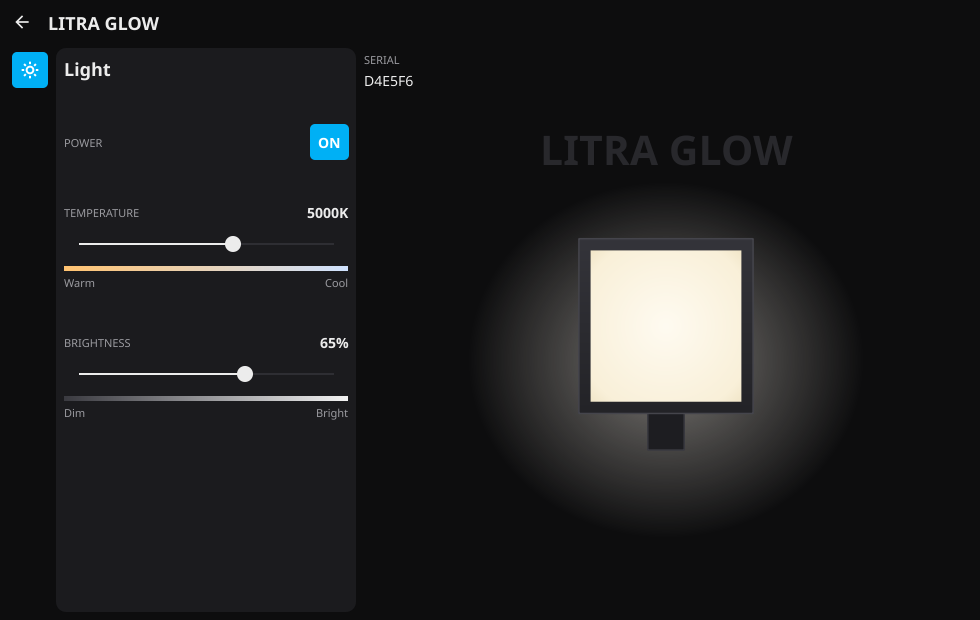 LogiTux's Litra Glow page: a power pill, temperature and brightness gradient sliders, and a render whose halo follows the light's state