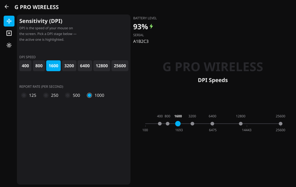 LogiTux's device page for a G Pro Wireless: a row of DPI stage presets and report rate in the panel, with a DPI Speeds track plotting each stage in the showcase