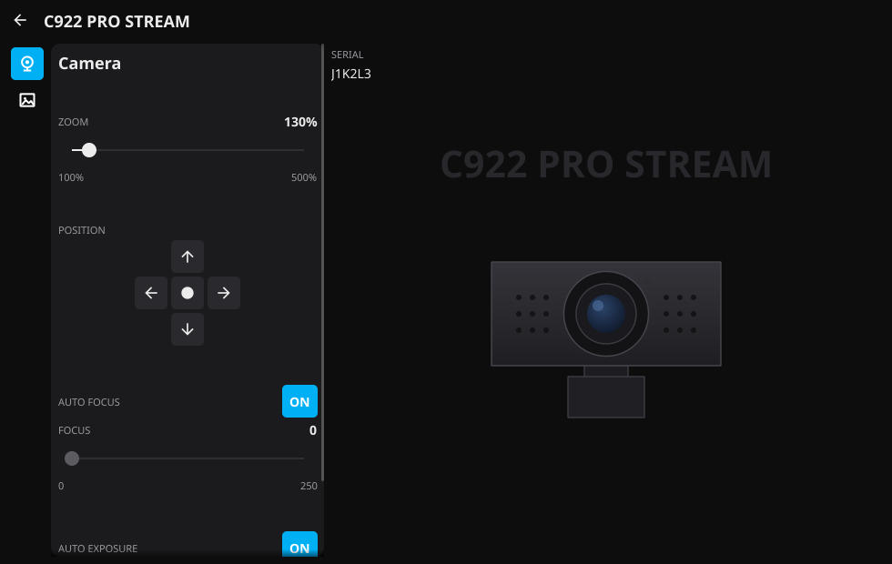 LogiTux's C922 page: zoom slider, pan/tilt position pad, and autofocus/auto-exposure pills with their manual sliders