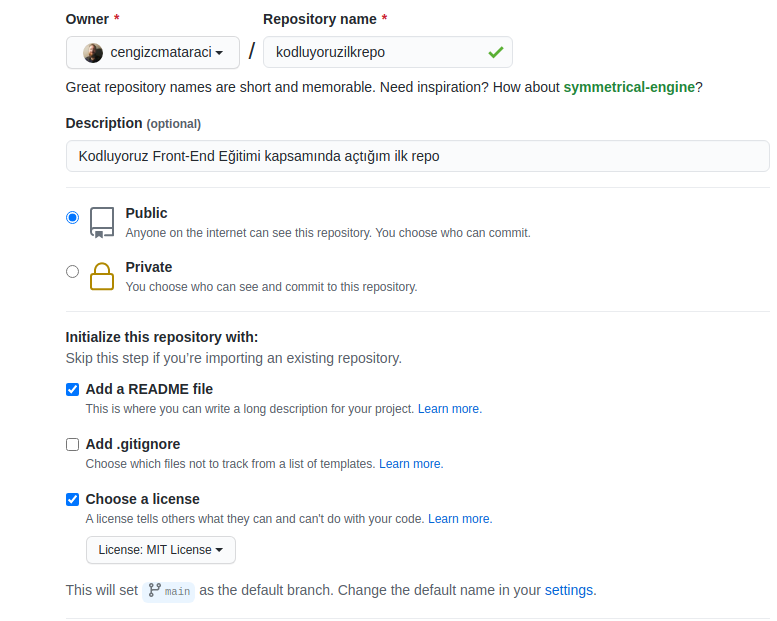 github repo oluşturma