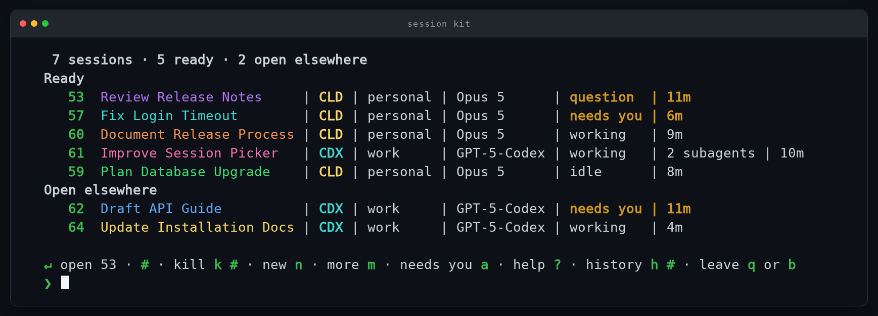 The Session Kit picker: seven sessions grouped into Ready and Open elsewhere, each row showing number, name, provider, account, model, state, and last activity
