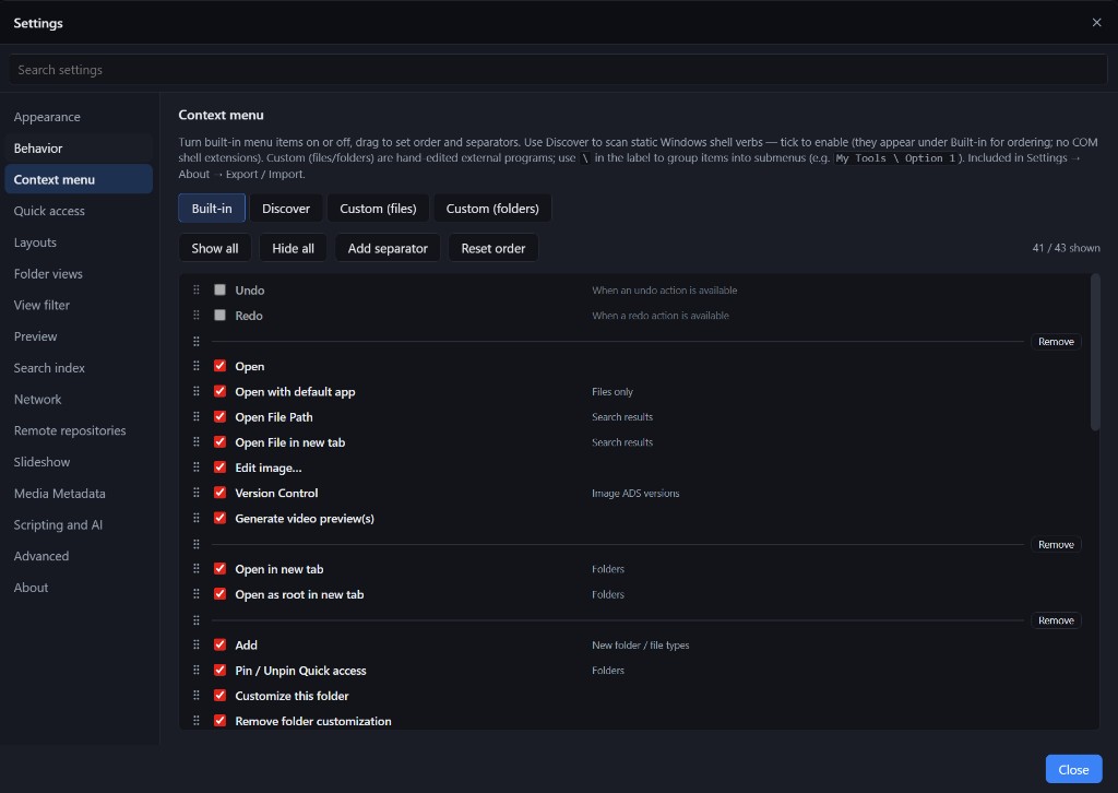Settings → Context menu — hide, reorder, Discover, custom commands