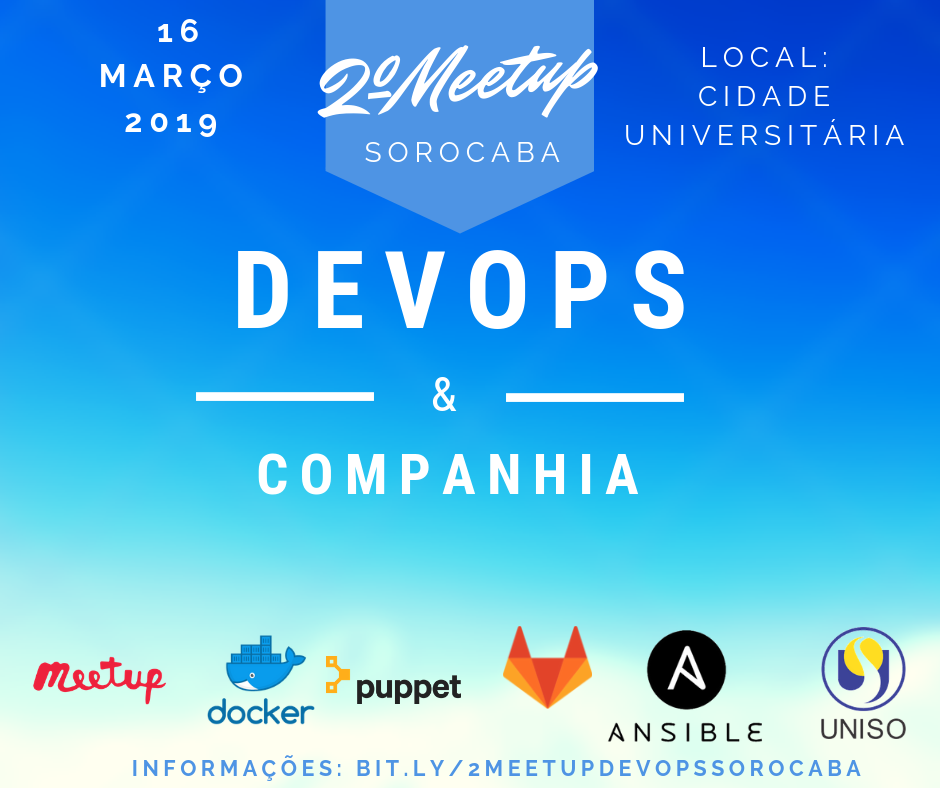 Imagem com informações principais do meetup Docker & Companhia. Data: em dezembro. Local: Cidade Universitária. Meetup Sorocaba. Docker & Companhia. Informações pelo telefone com Marcos (15) 98808-2972