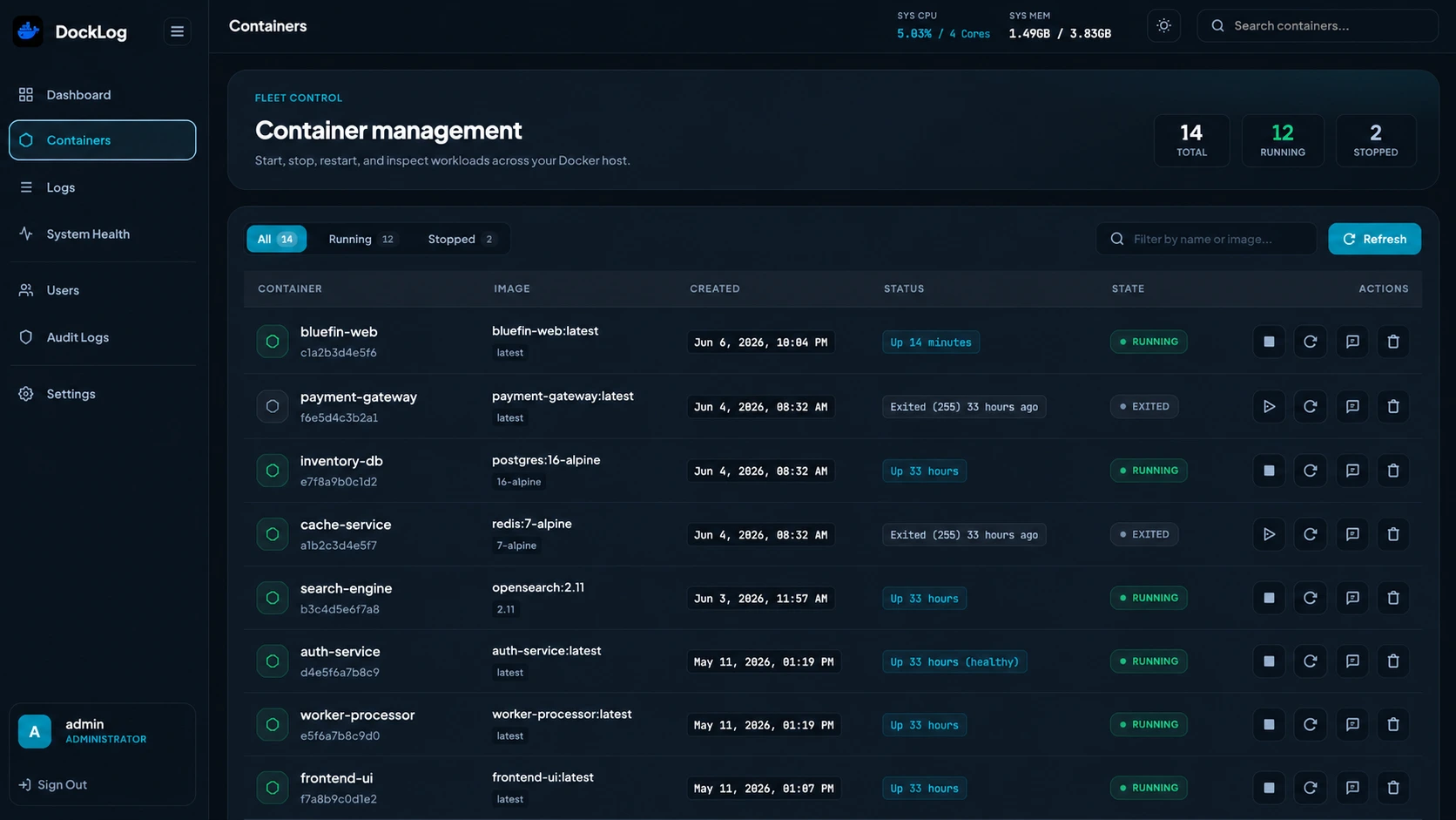 DockLog Container Management Preview