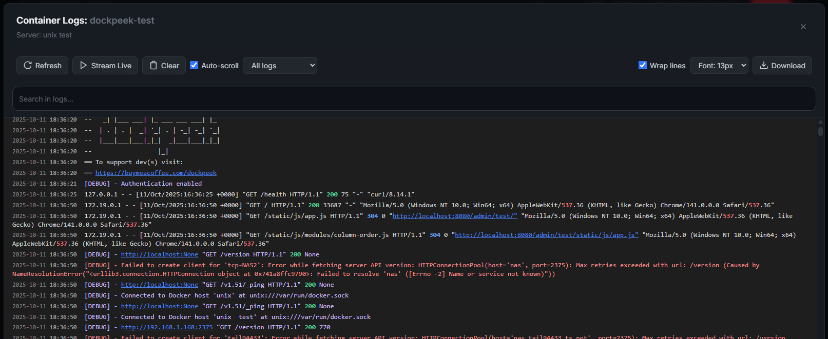 Dockpeek Container logs screenshot