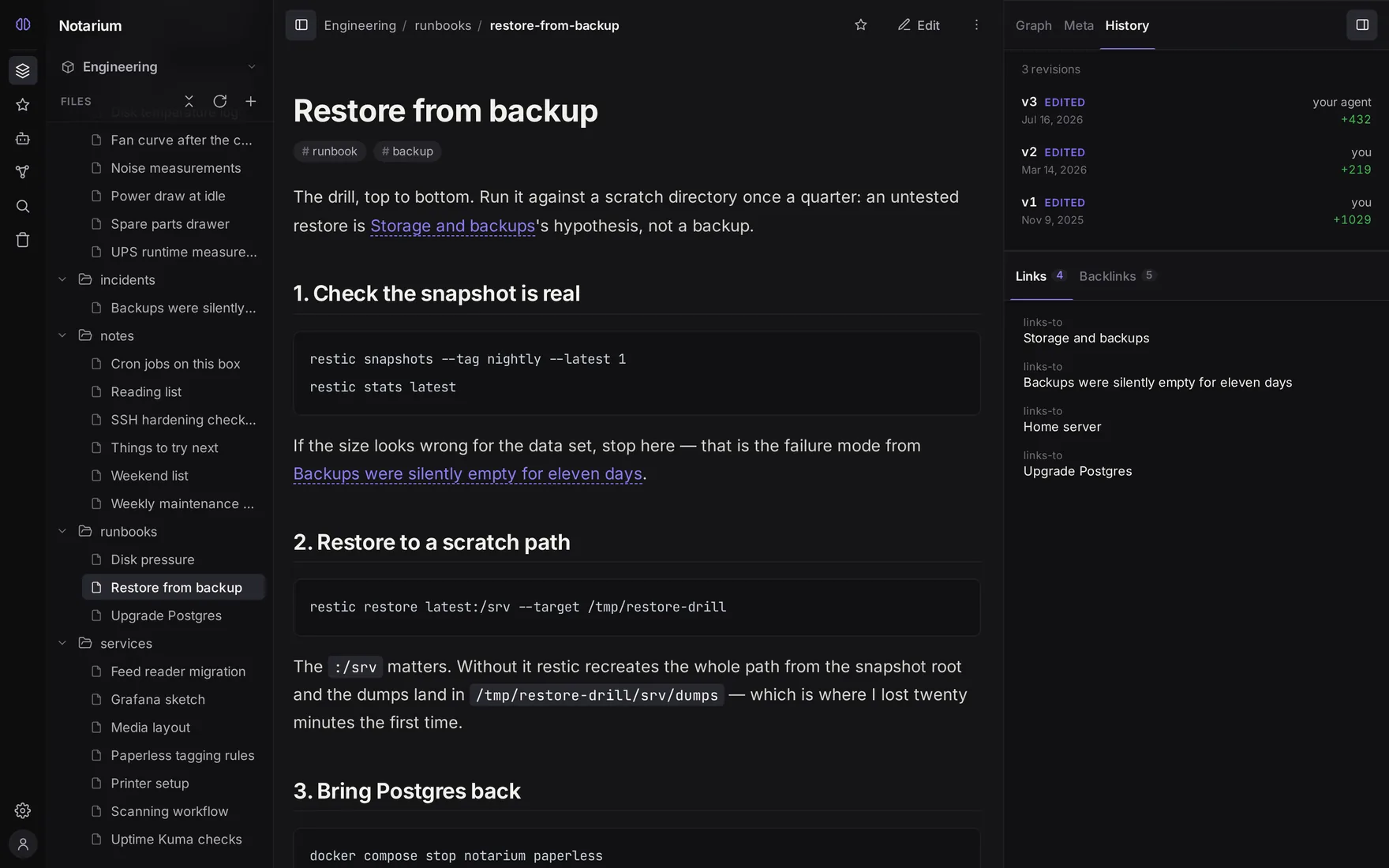 Notarium version history: revision v3 marked as edited by an agent, directly above revisions v2 and v1 made by the user, each with its date and the number of characters changed