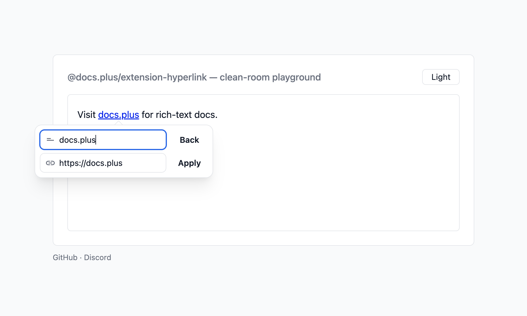 Edit-link popover with URL and text fields and Apply button