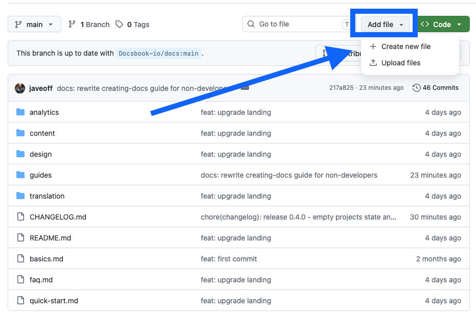 Screenshot: Add file dropdown with "Create new file" option highlighted