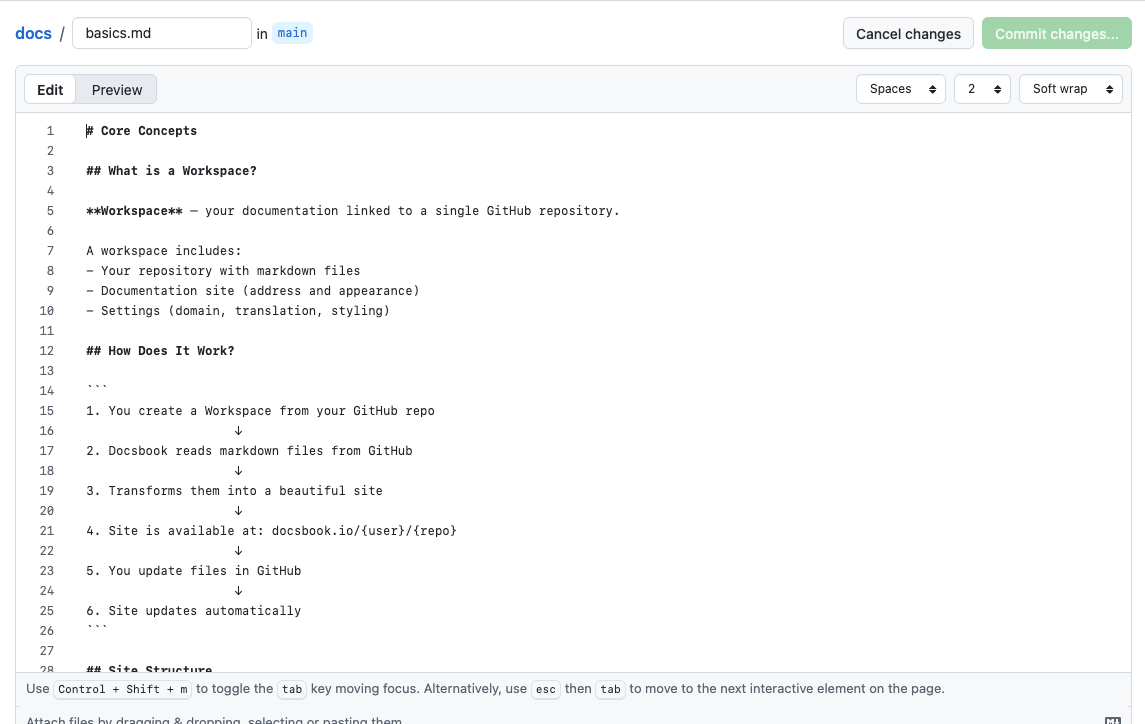 Screenshot: GitHub file editor with some text being typed
