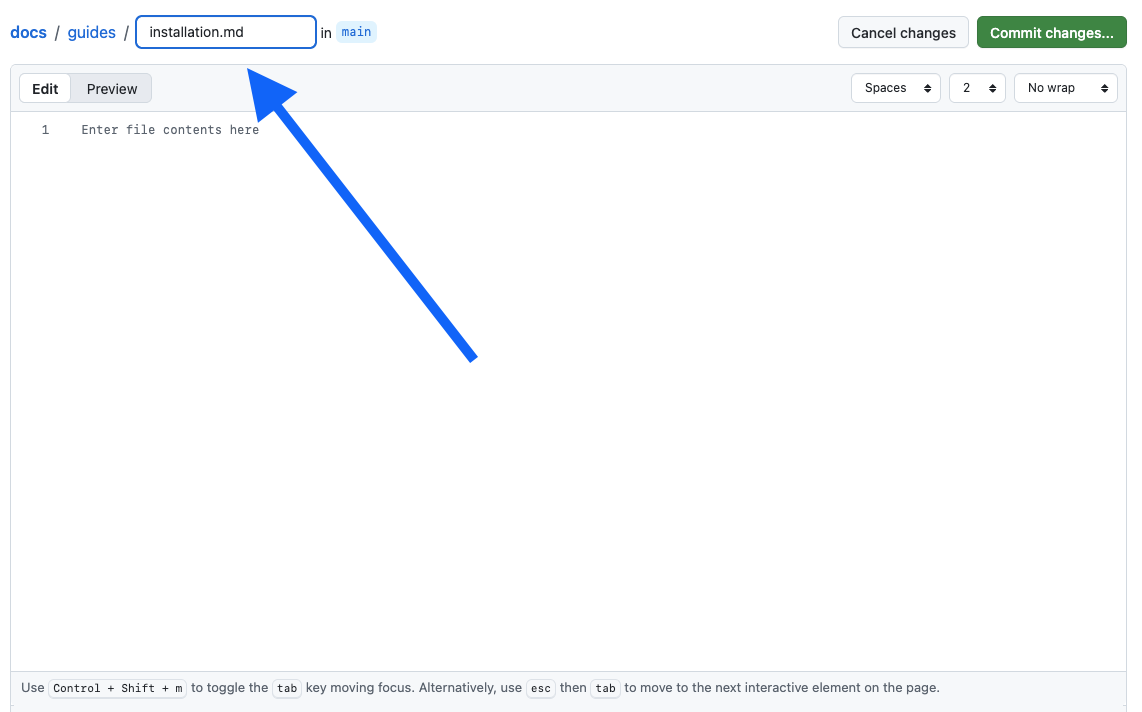 Screenshot: New file name field with "guides/installation.md" typed