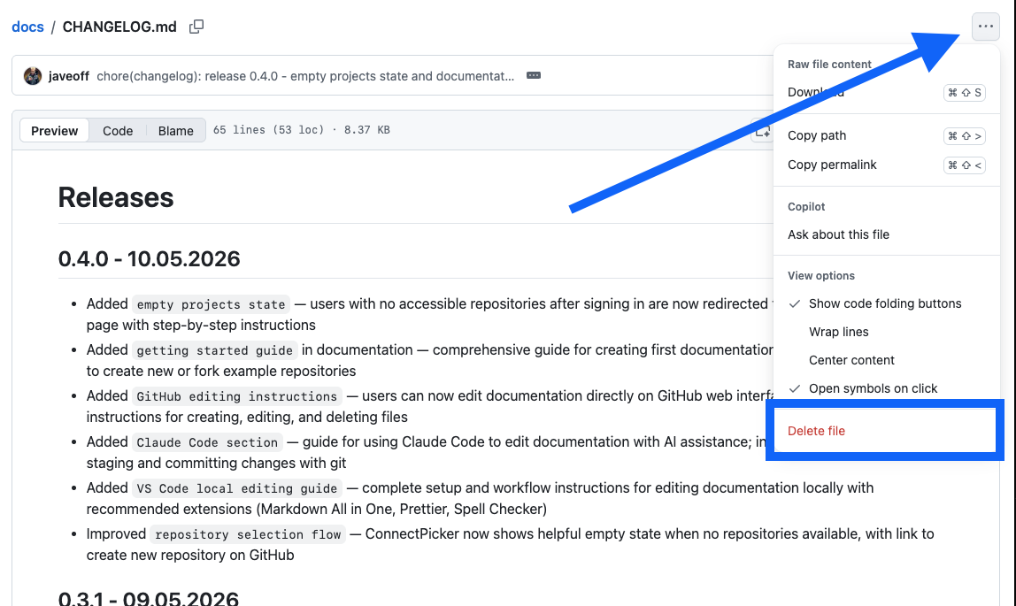 Screenshot: File view with three-dot menu highlighted