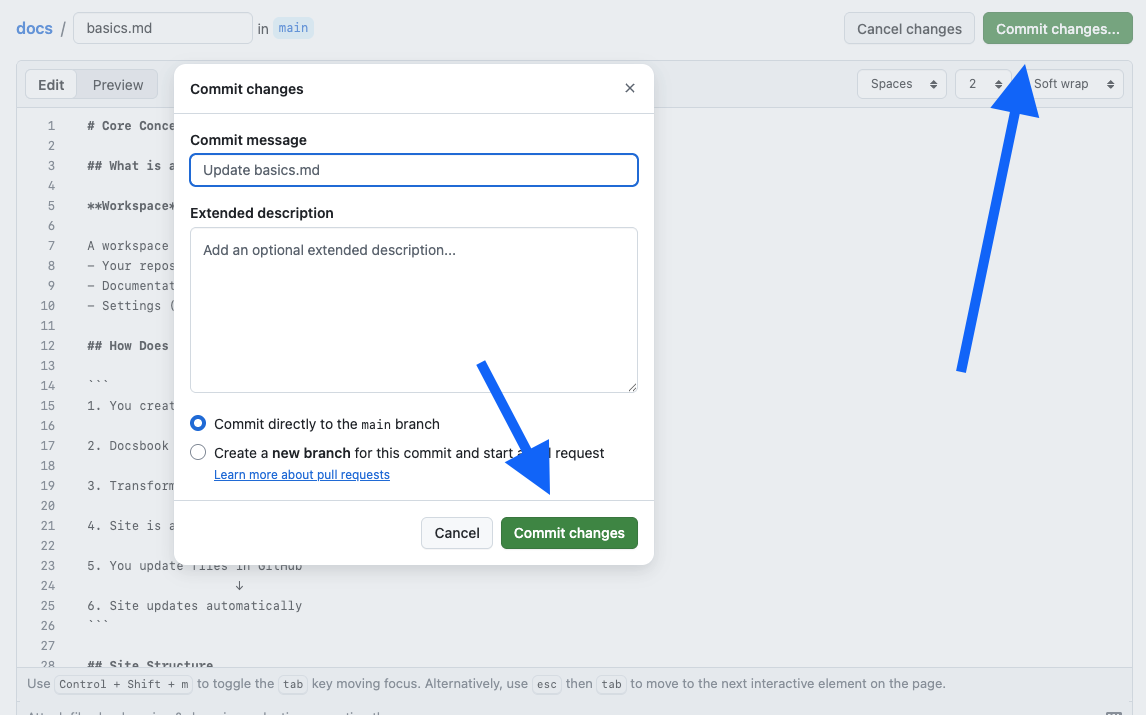 Screenshot: Commit changes form with green Commit button highlighted