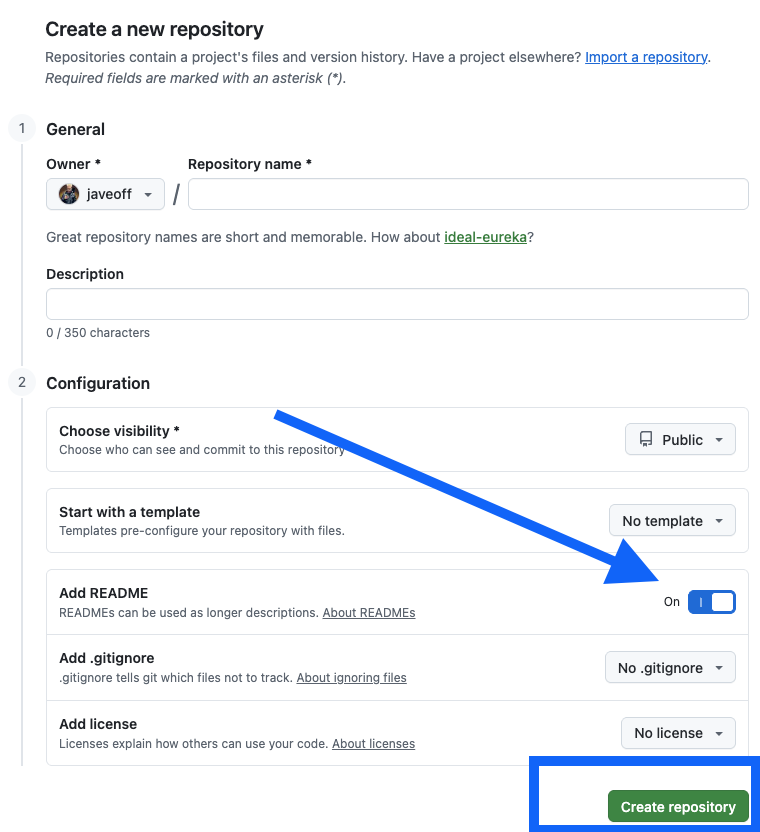 Screenshot: Create repository button highlighted