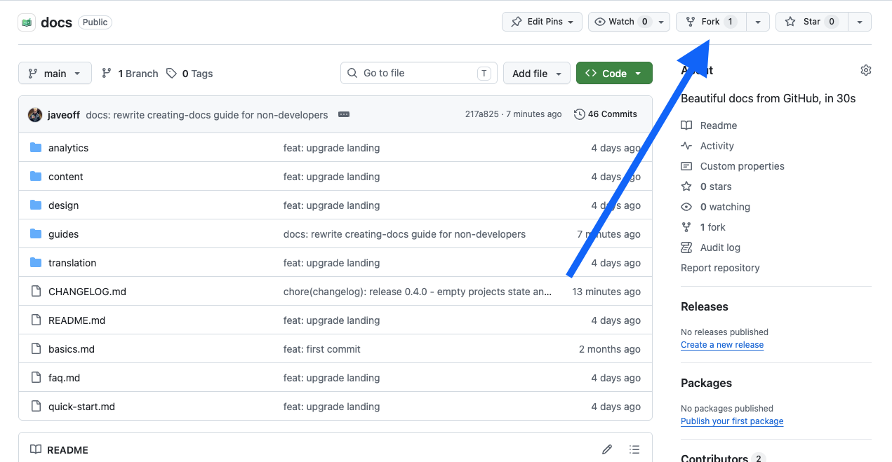 Screenshot: docsbook-io/docs repository page with Fork button visible in top-right