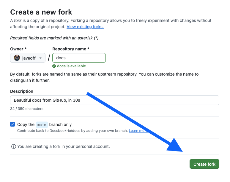 Screenshot: Fork dialog with "Create fork" button highlighted