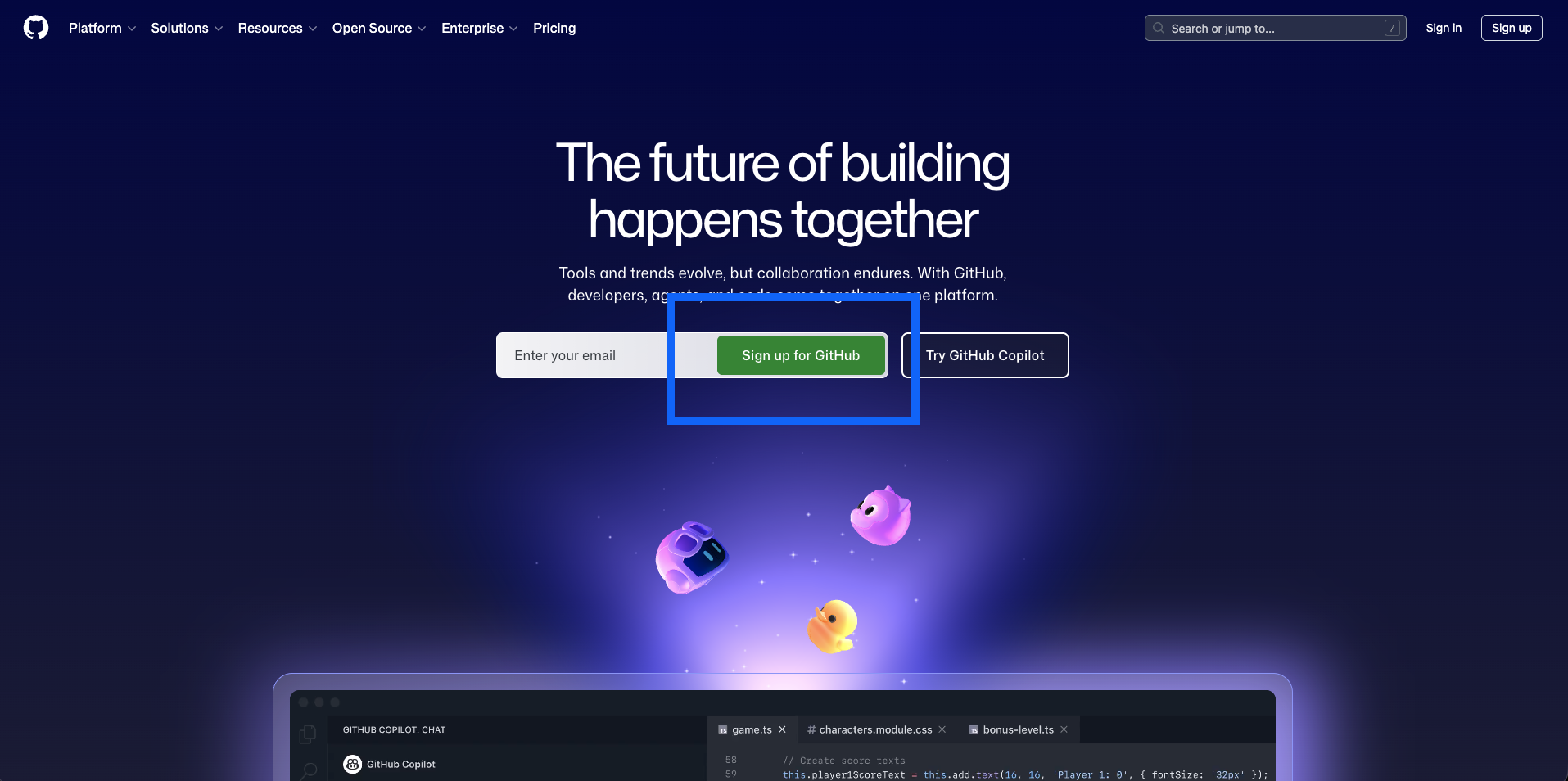 Screenshot: GitHub homepage with Sign up button highlighted