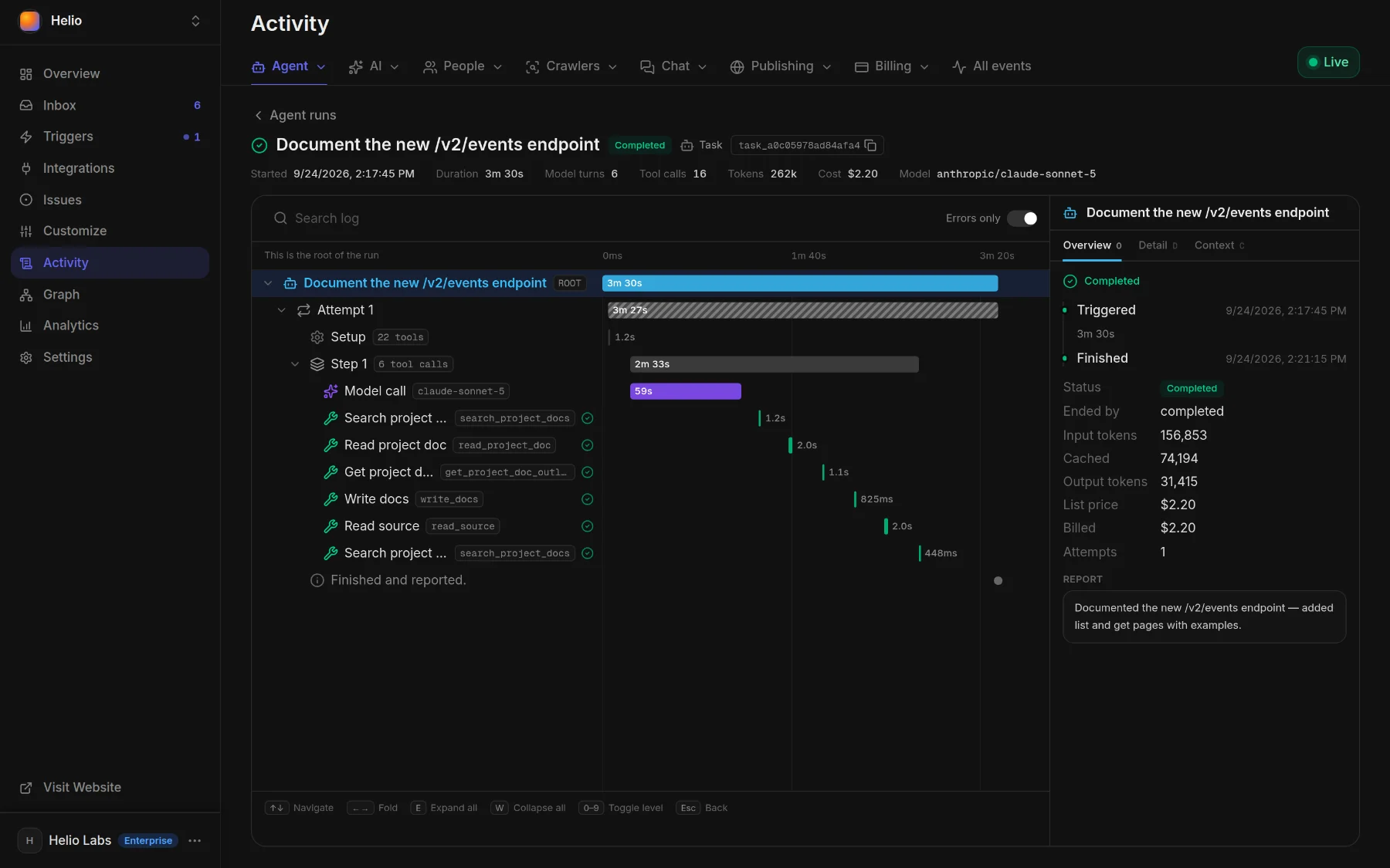 Activity ▸ Agent runs: one run's trace, each tool call on a timeline with its tokens and cost