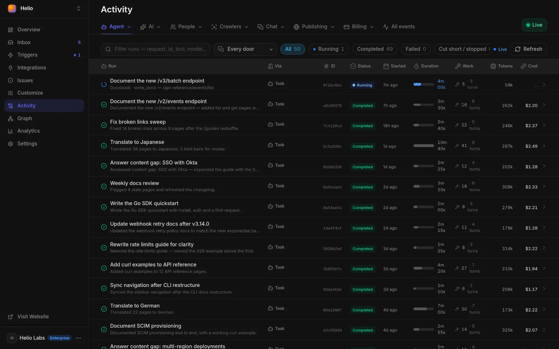 Activity ▸ Agent runs: each run with its status, duration, tool calls, tokens and cost