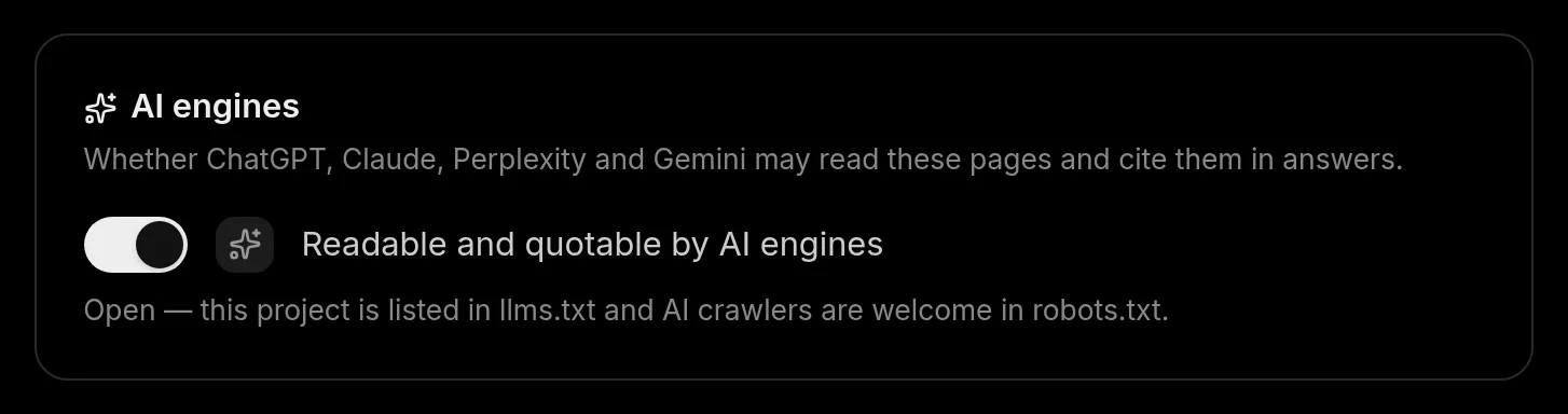 Settings ▸ Access ▸ AI engines: the switch that keeps the site readable and quotable by AI engines
