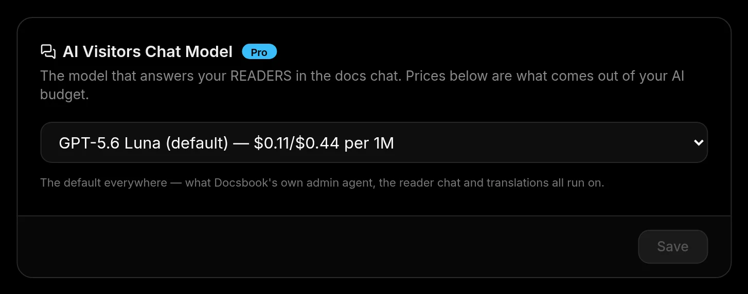 Settings ▸ Agent ▸ AI Visitors Chat Model: the reader chat's model and its price per 1M tokens