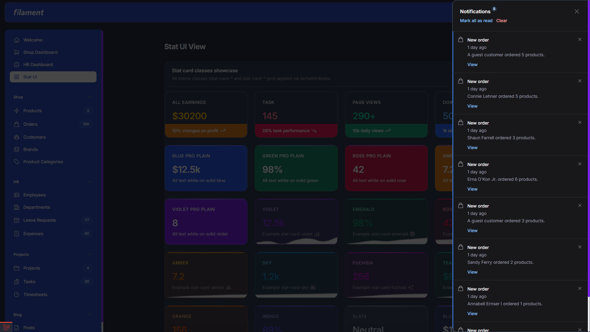 Notifications and stat cards (dark)