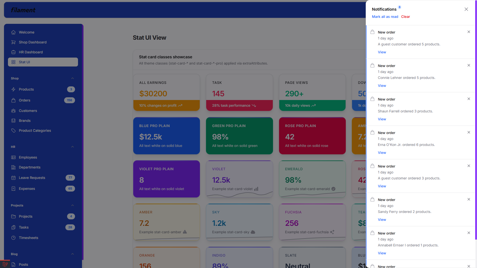 Notifications and stat cards (light)