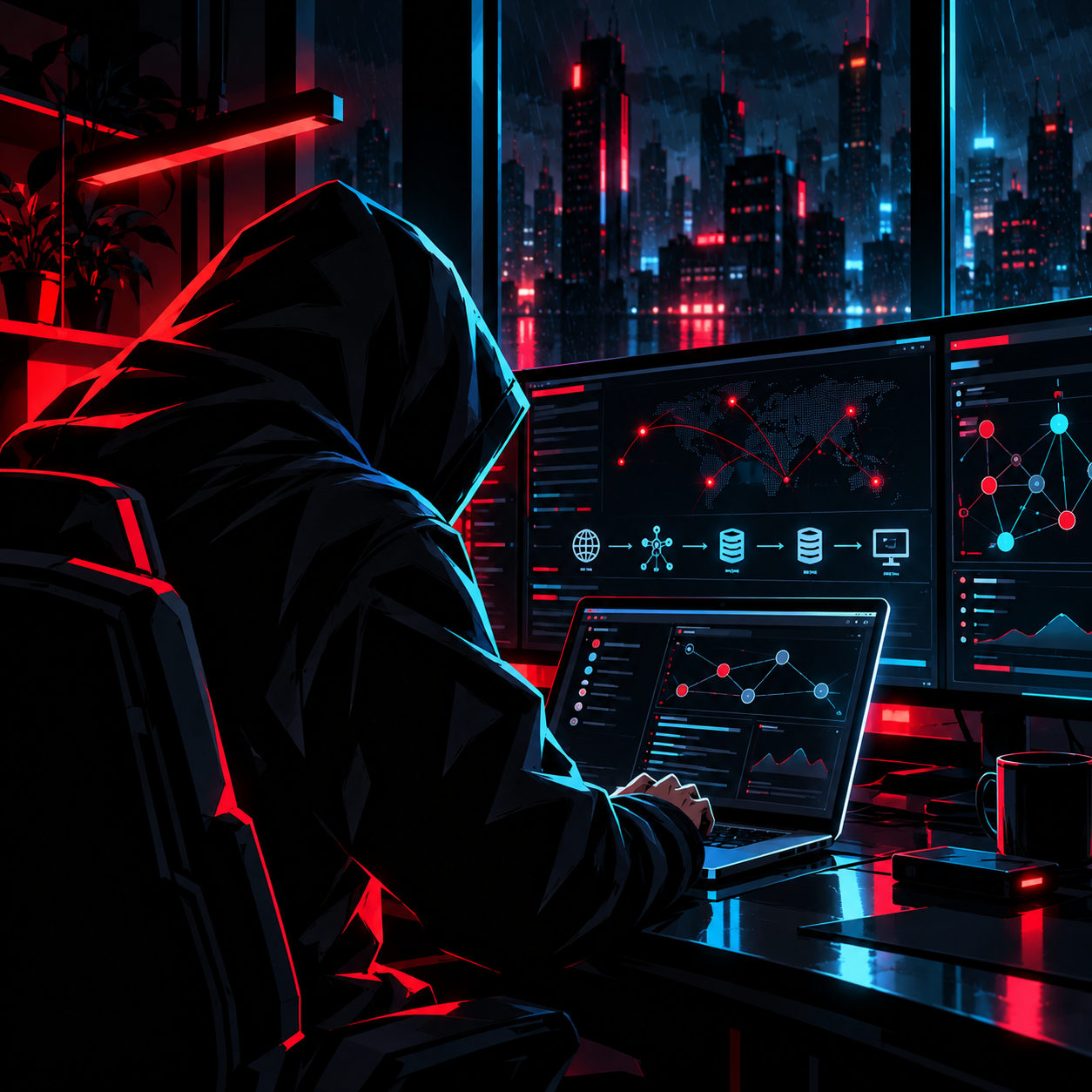 MACSPLOIT concept artwork: a neon-lit security workstation