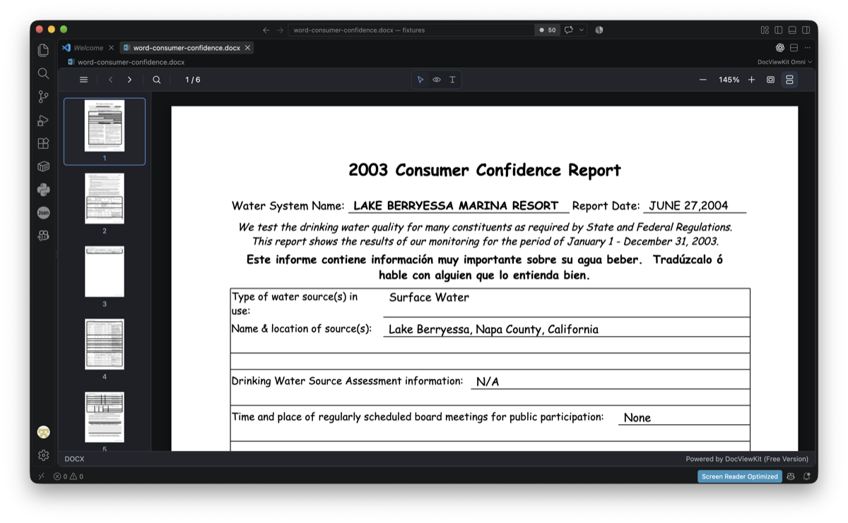A DOCX document rendered locally in VS Code