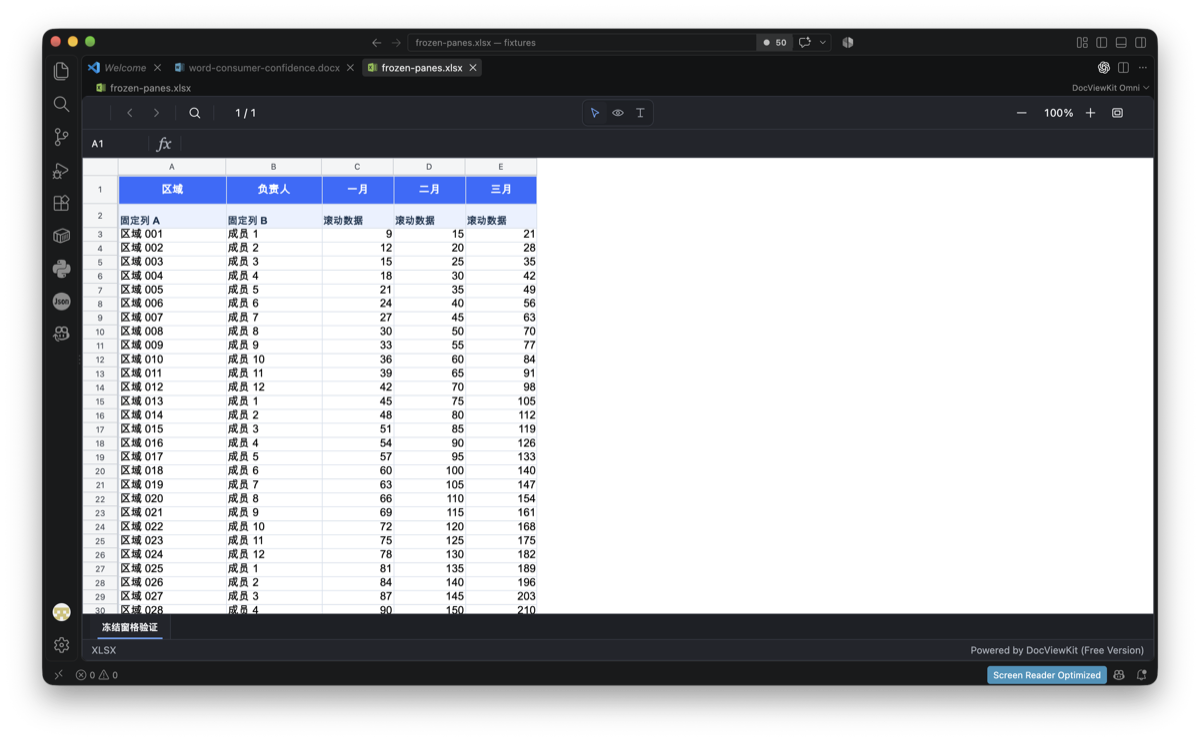 An XLSX workbook rendered locally in VS Code