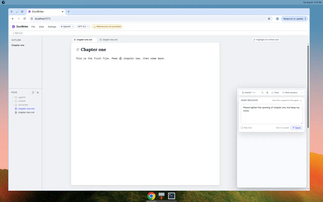 Chat draft restored on chapter-one.md