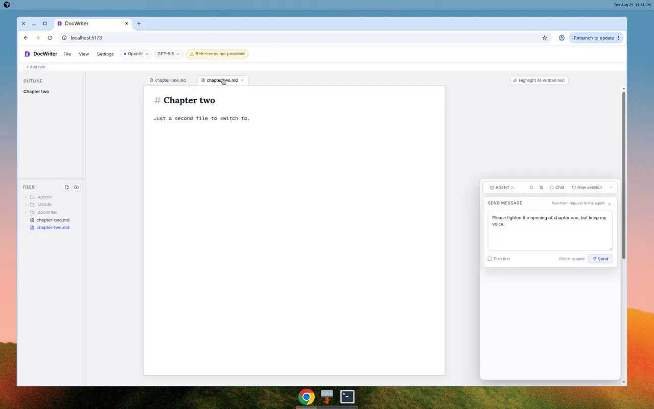 Chat draft still open after switching to chapter-two.md