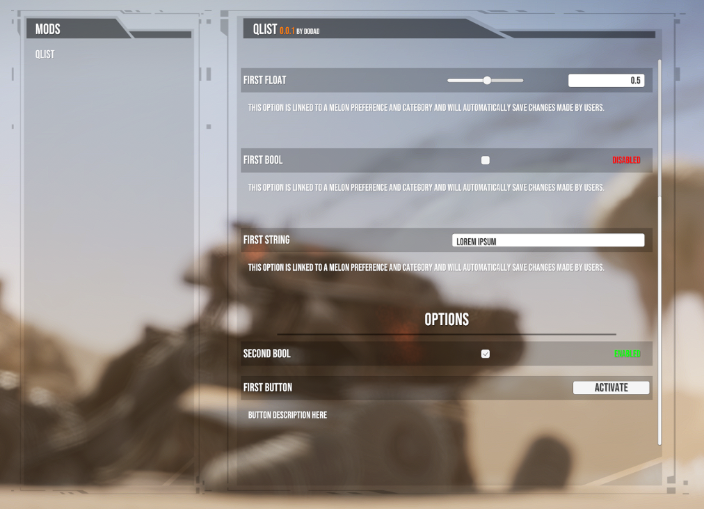 Mod Options Window