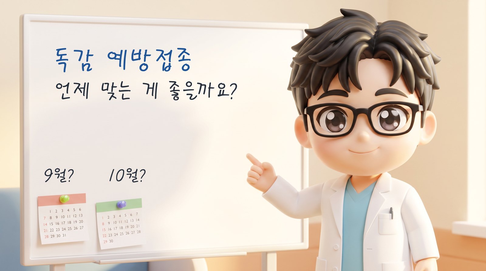 독감 예방접종 시기를 설명하는 진료실 화이트보드